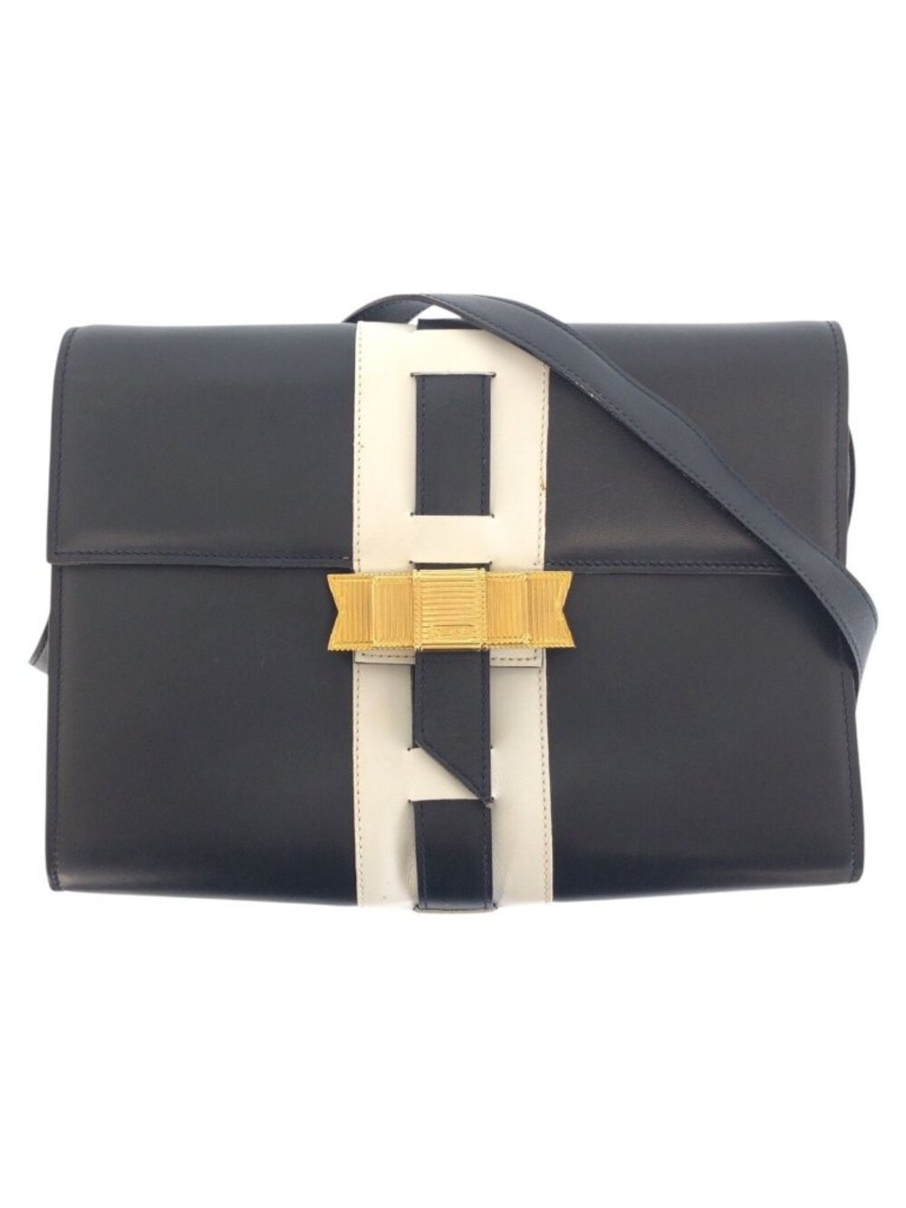 Celine Vintage Logo Ribbon Navy White Gold Leather Shoulder Bag Pochette